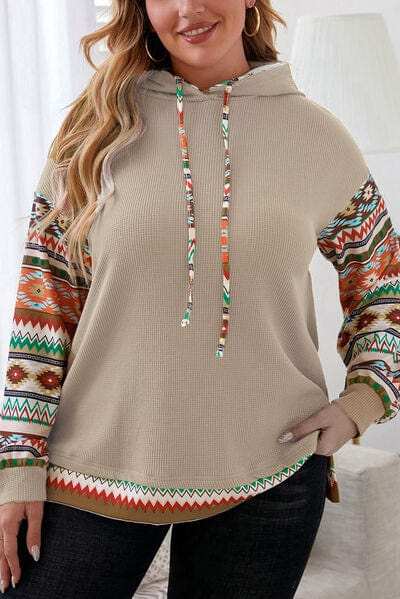 Plus Size Waffle-Knit Geometric Dropped Shoulder Hoodie - Trendsi - Flyclothing LLC