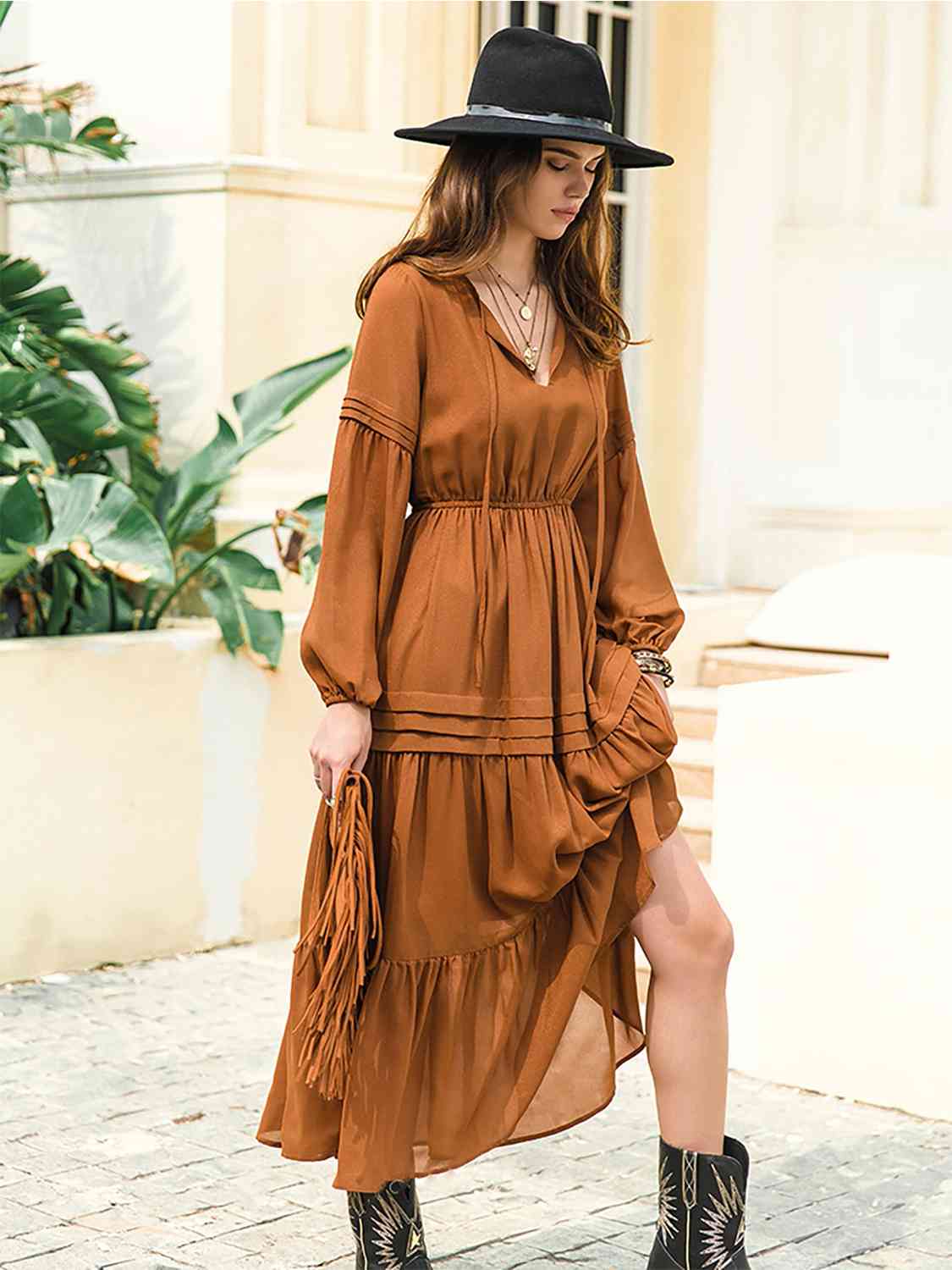 Tie Neck Long Sleeve Midi Tiered Dress - Trendsi - Flyclothing LLC