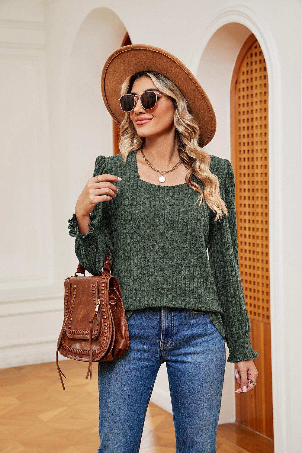 Square Neck Puff Sleeve Top - Trendsi - Flyclothing LLC