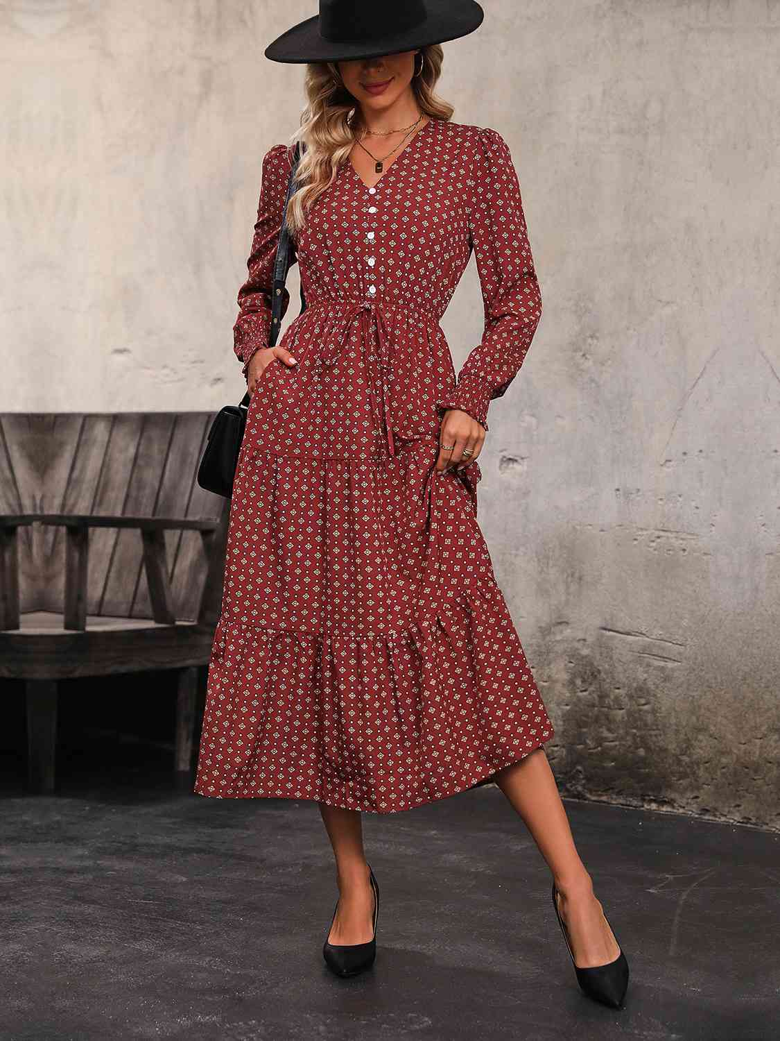Printed Tiered V-Neck Buttoned Midi Dress - Trendsi - Flyclothing LLC