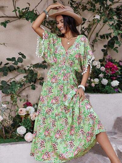 Smocked Floral V-Neck Short Sleeve Dress - Trendsi - Flyclothing LLC
