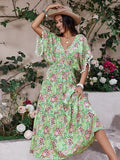 Smocked Floral V-Neck Short Sleeve Dress - Trendsi