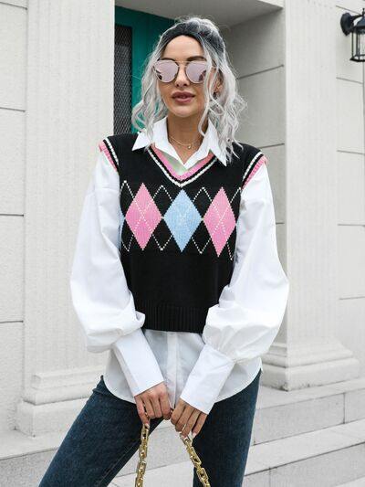 Geometric V-Neck Sweater Vest - Trendsi