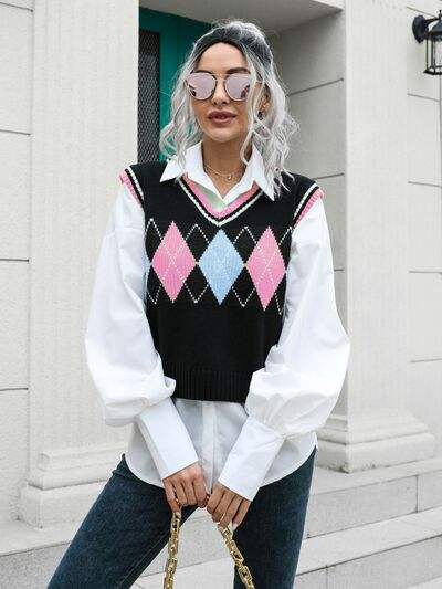 Geometric V-Neck Sweater Vest - Trendsi - Flyclothing LLC