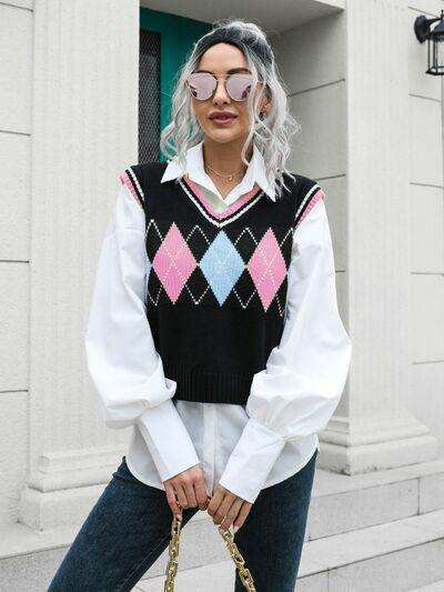 Geometric V-Neck Sweater Vest - Trendsi - Flyclothing LLC