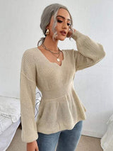 Notched Dropped Shoulder Knit Top - Trendsi - Flyclothing LLC
