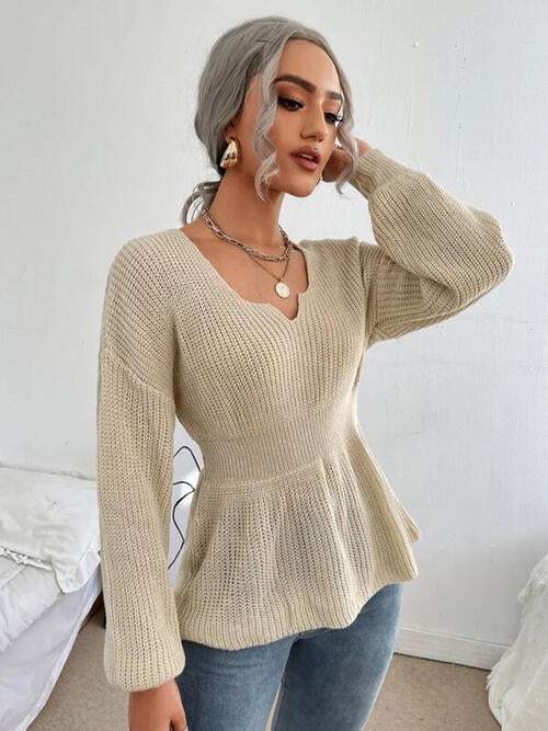 Notched Dropped Shoulder Knit Top - Trendsi - Flyclothing LLC