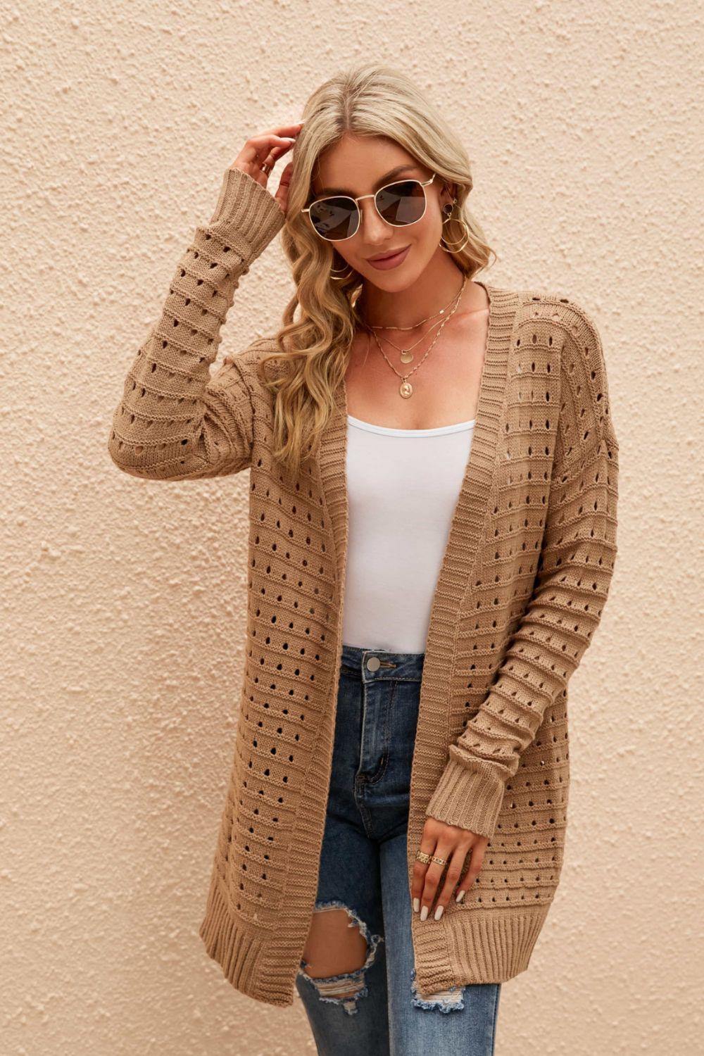 Openwork Horizontal Ribbing Open Front Cardigan - Trendsi