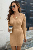 Cable-Knit V-Neck Long Sleeve Mini Sweater Dress - Trendsi - Flyclothing LLC