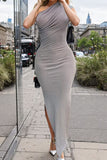 Ribbed Slit Single Shoulder Wrap Dress - Trendsi