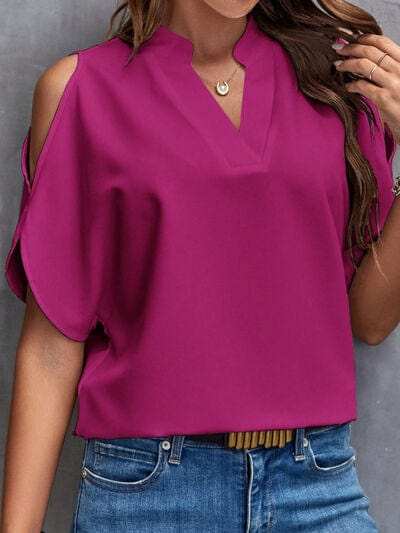 Notched Cold Shoulder Blouse - Trendsi - Flyclothing LLC