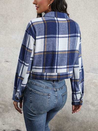 Plaid Button Up Drop Shoulder Cropped Jacket - Trendsi - Flyclothing LLC