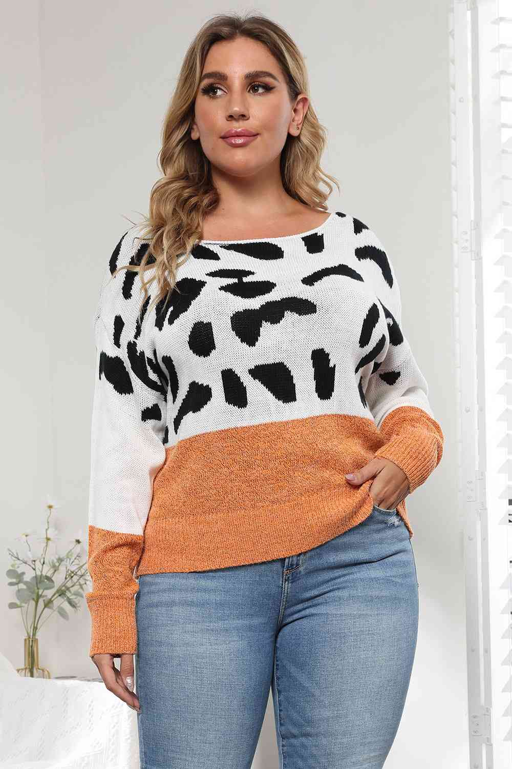 Plus Size Leopard Round Neck Long Sleeve Sweater - Trendsi - Flyclothing LLC