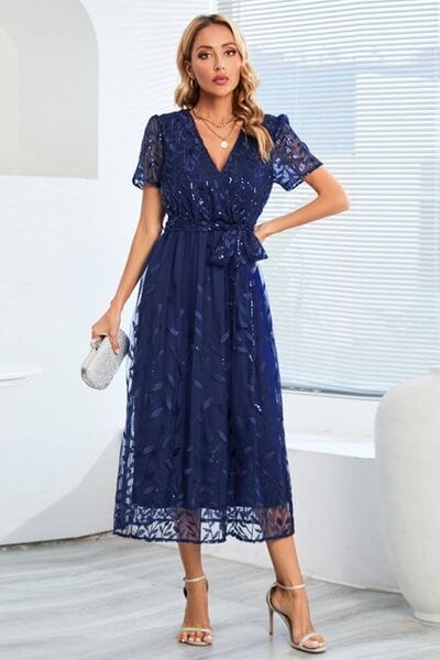 Sequin Leaf Embroidery Tie Front Short Sleeve Dress - Flyclothing LLC