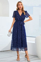 Sequin Leaf Embroidery Tie Front Short Sleeve Dress - Trendsi