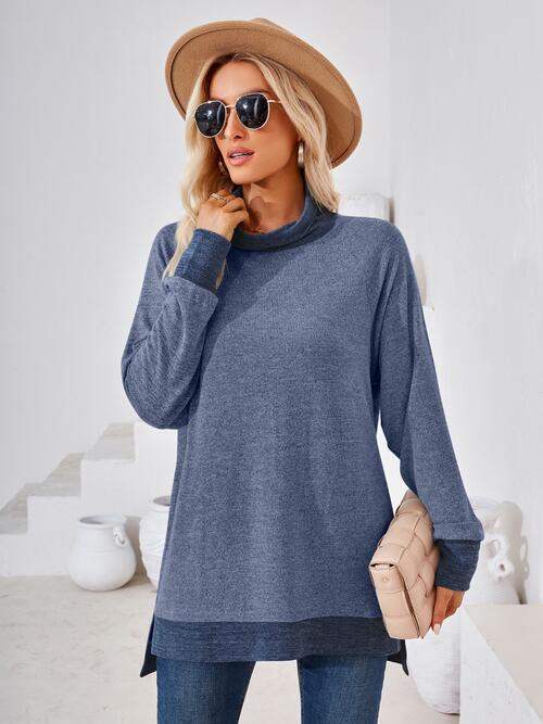 Contrast Mock Neck Long Sleeve T-Shirt - Trendsi - Flyclothing LLC