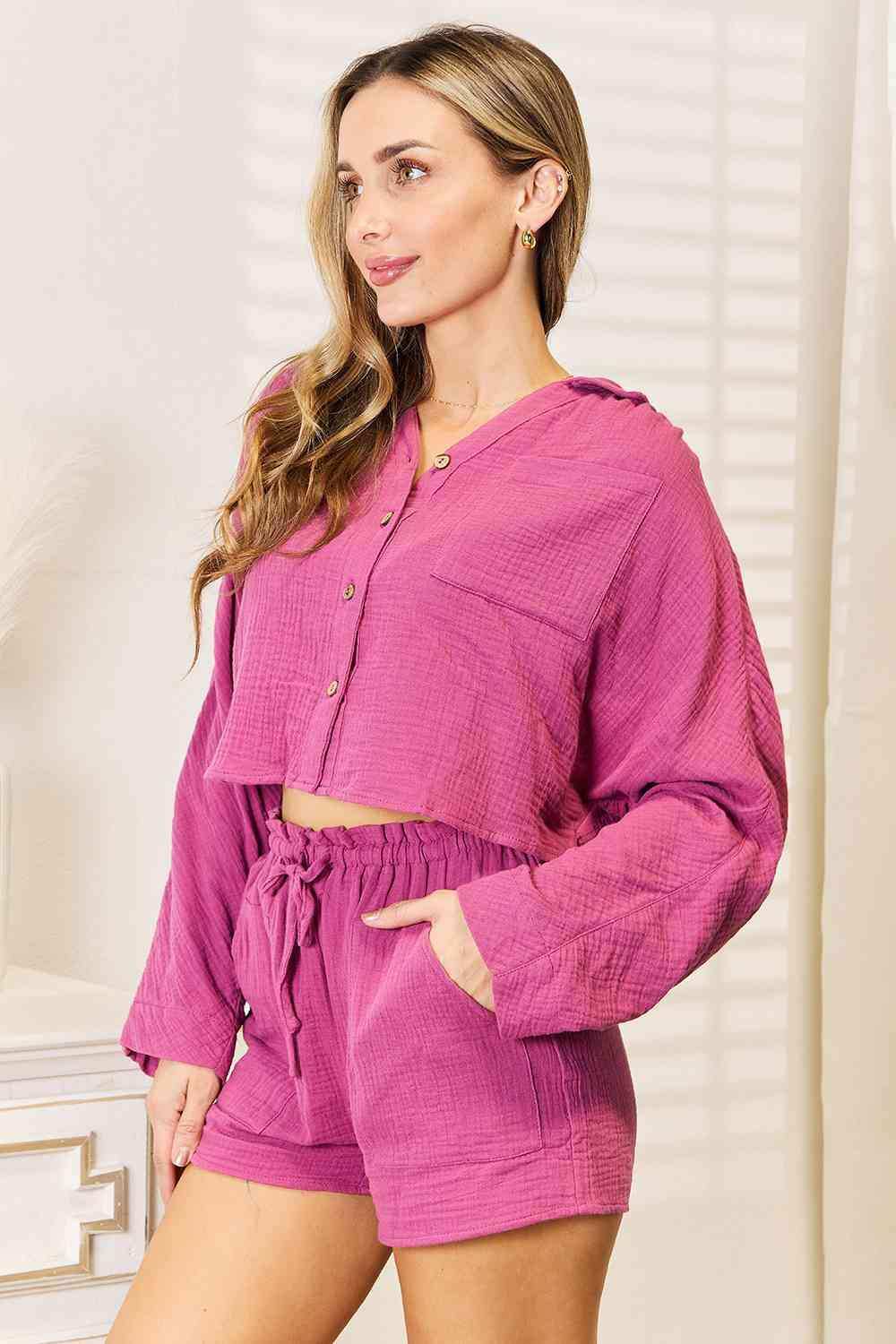 Basic Bae Buttoned Long Sleeve Top and Shorts Set - Trendsi - Flyclothing LLC