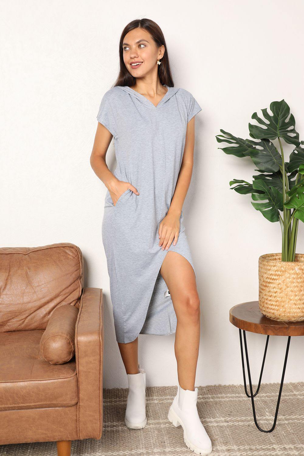 Double Take Short Sleeve Front Slit Hooded Dress - Trendsi