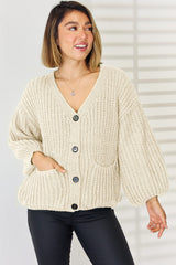 Pocketed Button Up Dropped Shoulder Cardigan - Trendsi