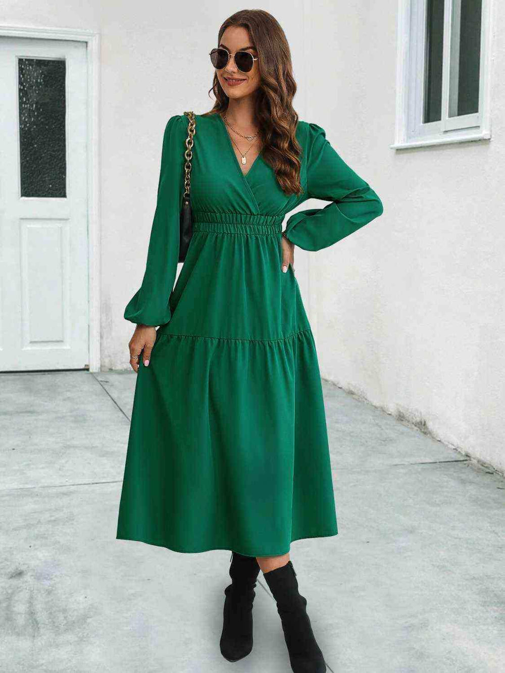 Surplice Neck Long Sleeve Midi Dress - Trendsi - Flyclothing LLC