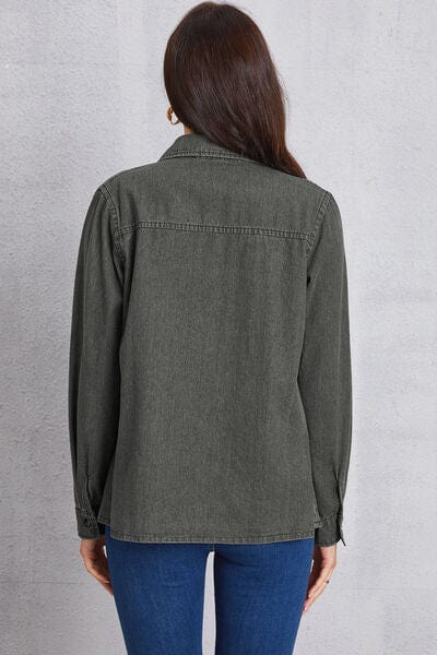 Collared Neck Button Up Denim Top - Trendsi