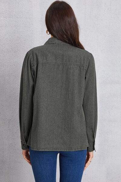 Collared Neck Button Up Denim Top - Trendsi - Flyclothing LLC