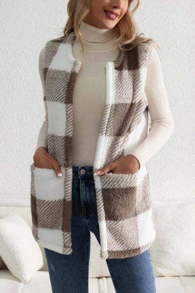 Sherpa Plaid Open Front Vest Coat - Trendsi - Flyclothing LLC