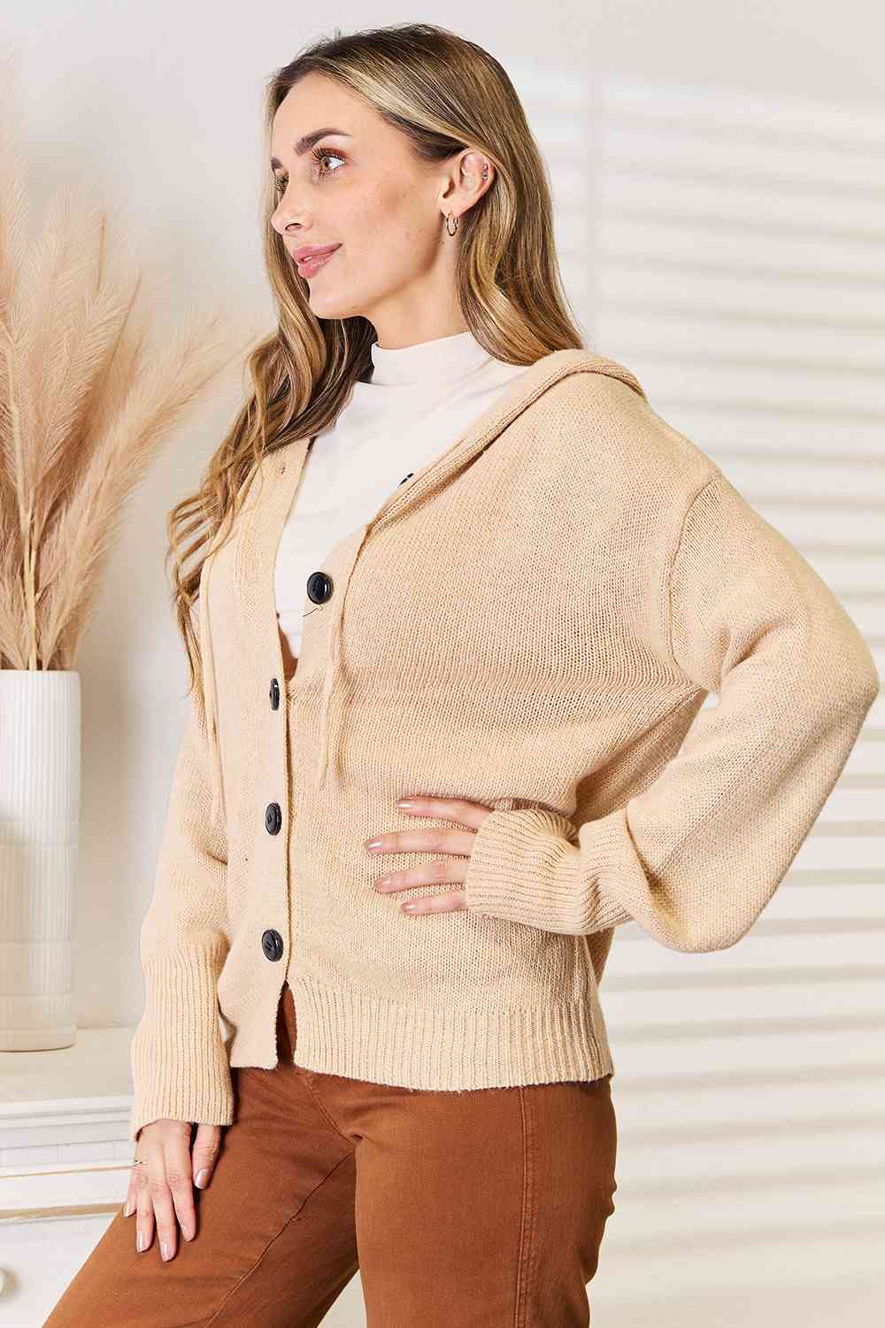 Woven Right Button-Down Long Sleeve Hooded Sweater - Trendsi - Flyclothing LLC