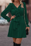Ruffled Flounce Sleeve V-Neck Belted Dress - Trendsi