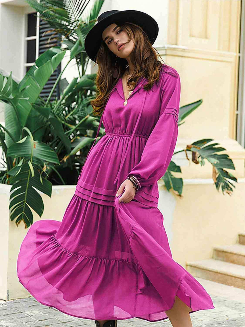 Tie Neck Long Sleeve Midi Tiered Dress - Trendsi - Flyclothing LLC