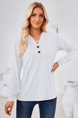 V-Neck Buttoned Long Sleeve Blouse - Trendsi - Flyclothing LLC