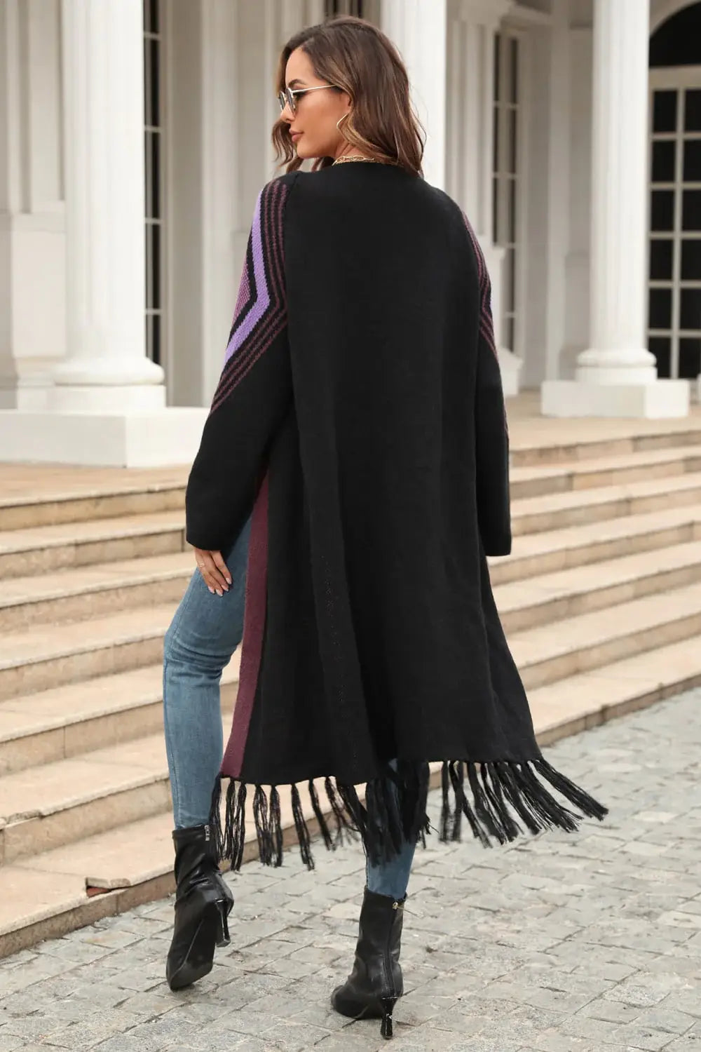 Geometric Fringe Hem Open Front Duster Cardigan - Trendsi - Flyclothing LLC