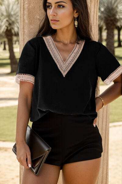 Plus Size V-Neck Short Sleeve Blouse - Trendsi - Flyclothing LLC