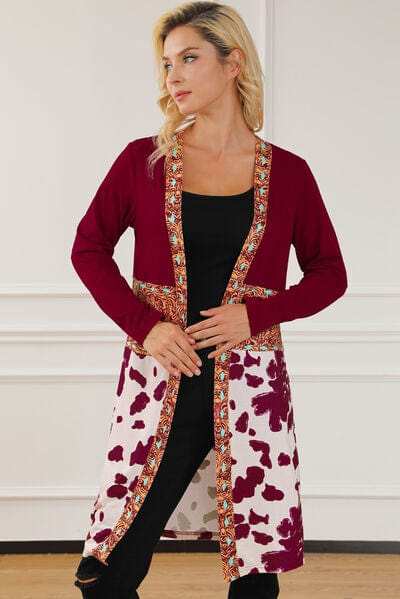 Printed Long Sleeve Open Front Outerwear - Trendsi - Flyclothing LLC