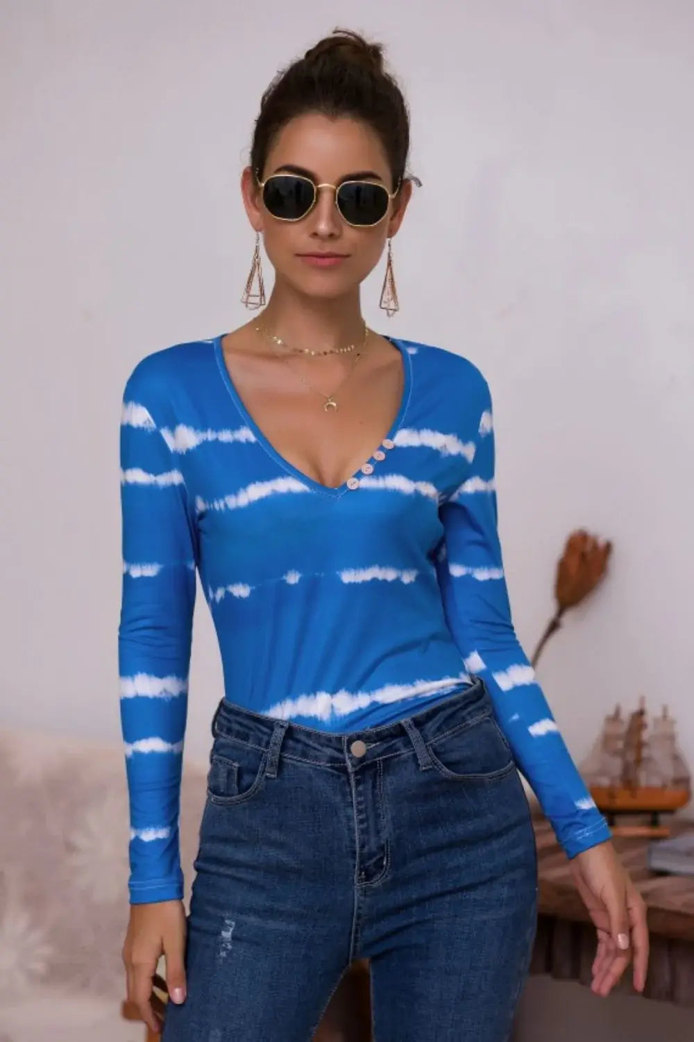 Tie-Dye Plunge Long Sleeve Top - Trendsi - Flyclothing LLC