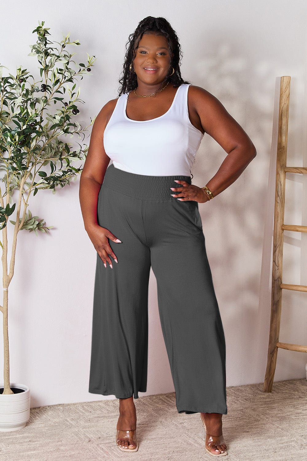 Double Take Full Size Smocked Wide Waistband Wide Leg Pants - Trendsi