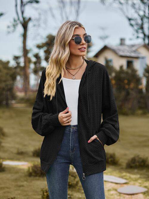 Zip Up Drawstring Long Sleeve Hooded Jacket - Trendsi - Flyclothing LLC