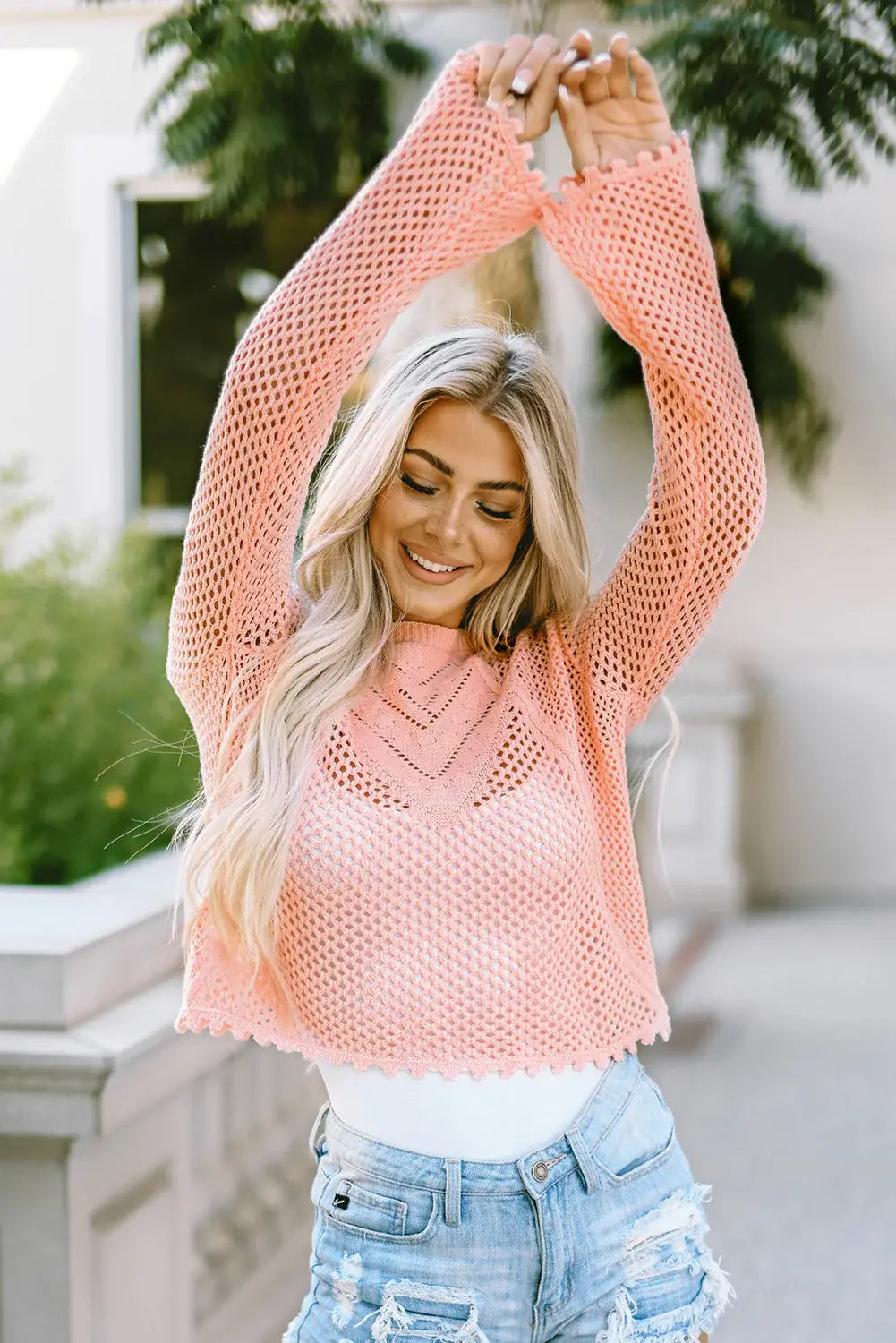 Openwork Round Neck Long Sleeve Knit Top - Trendsi - Flyclothing LLC