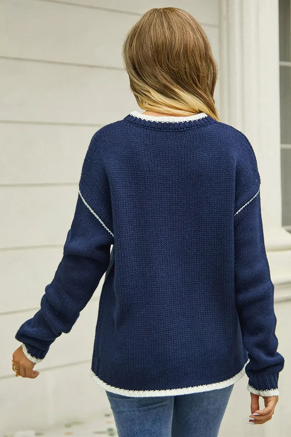 Round Neck Long Sleeve Waffle-Knit Sweater - Trendsi - Flyclothing LLC