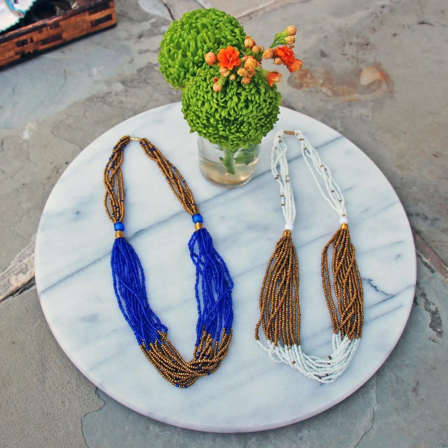 Multistrand Maasai Bead Necklace, White and Gold - Jedando - Flyclothing LLC