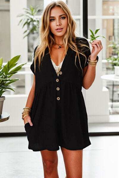 Pocketed V-Neck Short Sleeve Romper - Trendsi - Flyclothing LLC