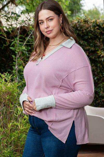 Plus Size Exposed Seam Johnny Collar Long Sleeve T-Shirt - Trendsi - Flyclothing LLC