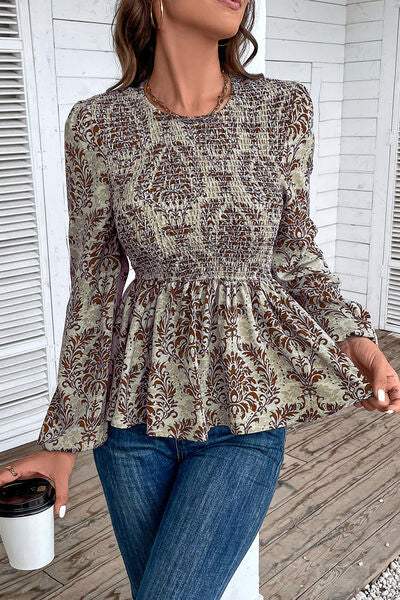 Smocked Printed Balloon Sleeve Blouse - Trendsi - Flyclothing LLC