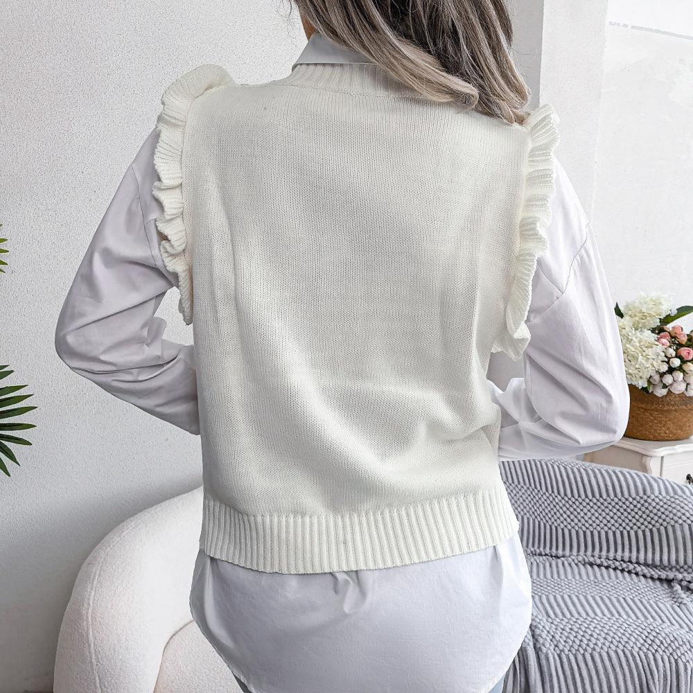 Ruffle Shoulder Ribbed Trim Sweater Vest - Trendsi