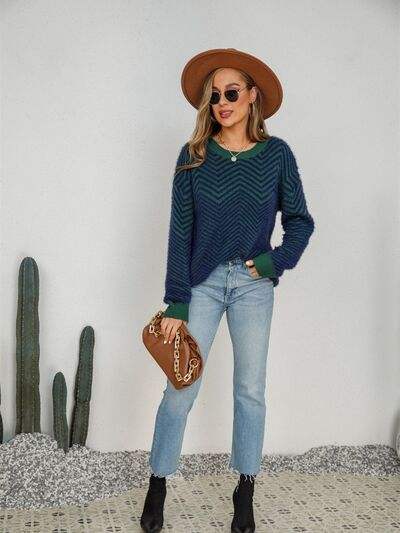Striped Round Neck Dropped Shoulder Sweater - Trendsi - Flyclothing LLC