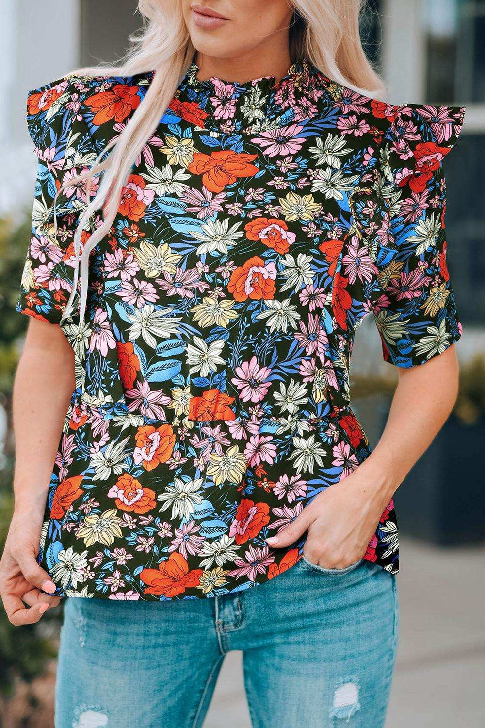 Floral Ruffle Shoulder Frill Neck Blouse - Trendsi - Flyclothing LLC