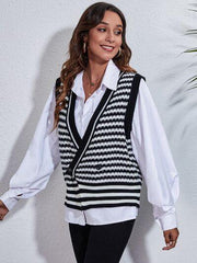 Striped Button Up V-Neck Sweater Vest - Flyclothing LLC