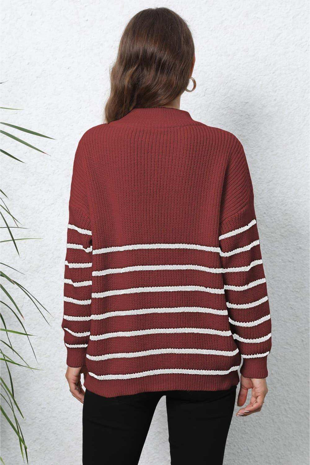 Striped Zip-Up Long Sleeve Ribbed Sweater - Trendsi - Flyclothing LLC