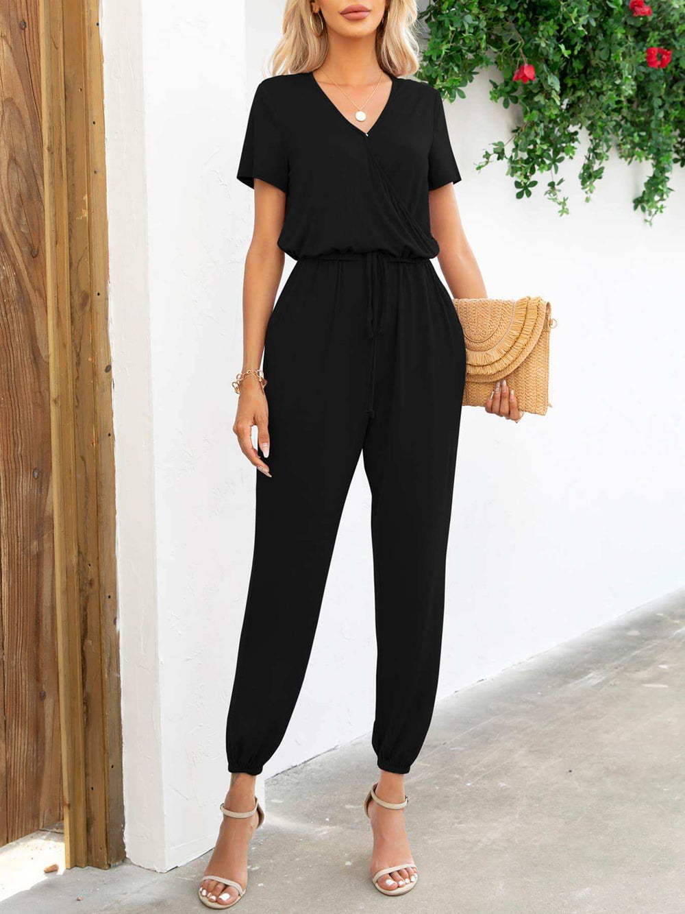 Short Sleeve V-Neck Jumpsuit with Pockets - Trendsi - Flyclothing LLC