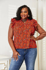 Double Take Floral Flutter Sleeve Notched Neck Blouse - Trendsi - Flyclothing LLC